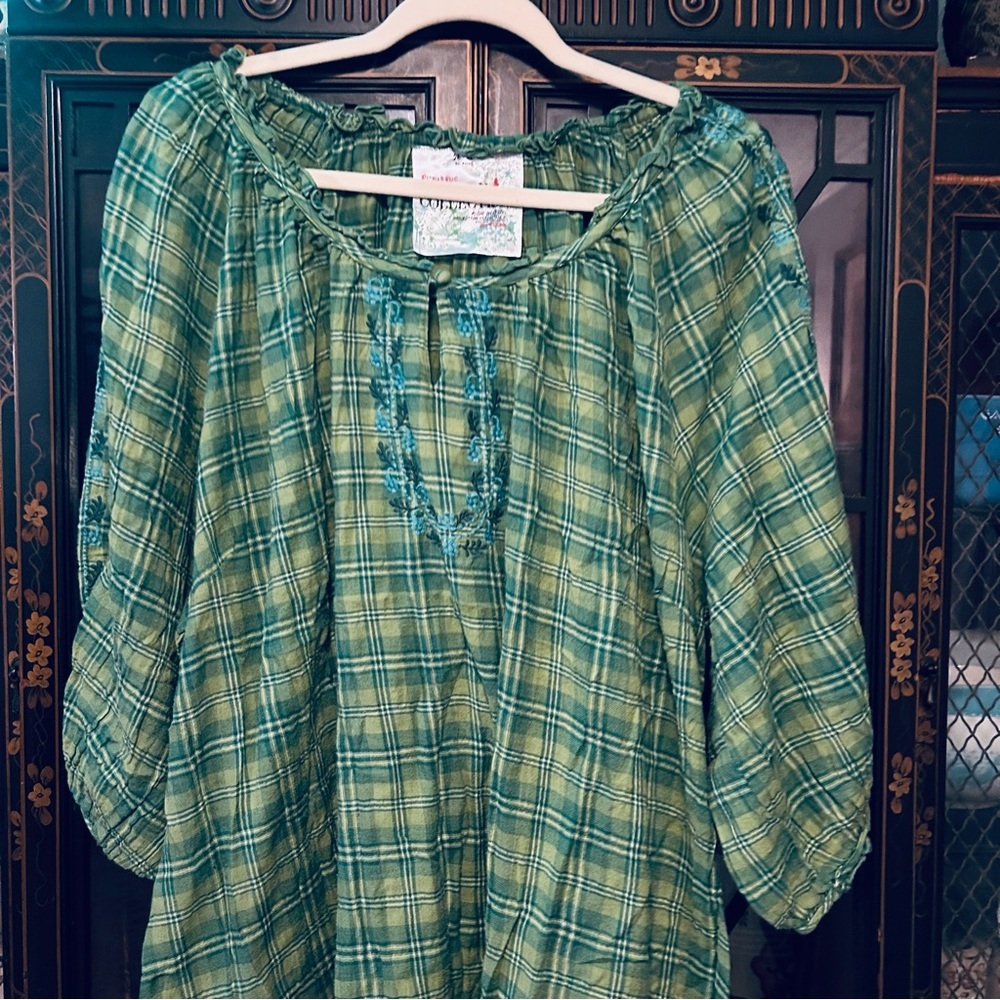 Perdian Chic Artisan Collection Green Cotton Plaid Embroirdered Top Size 26/28 - Picture 2 of 11
